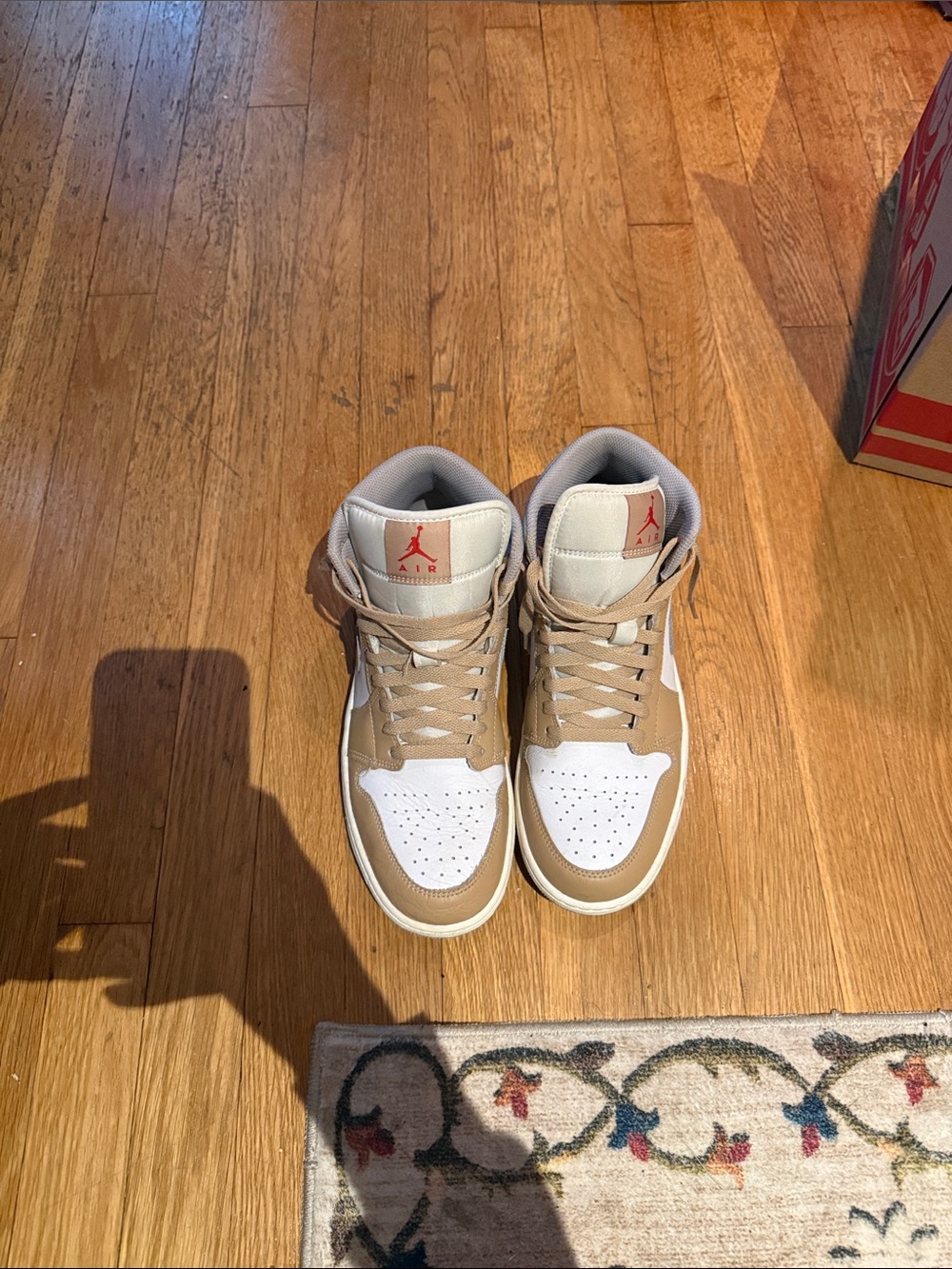 Jordan Mid-Top Sneakers in White and Tan with Coral Jumpman - Picture 2 of 3